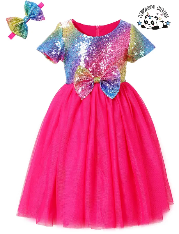 LEZONKIDS - Girls' Sequins Gauze Dress New Style Children's Short Sleeved Flower Children's Dress Princess Bowknot Peng Peng Dress